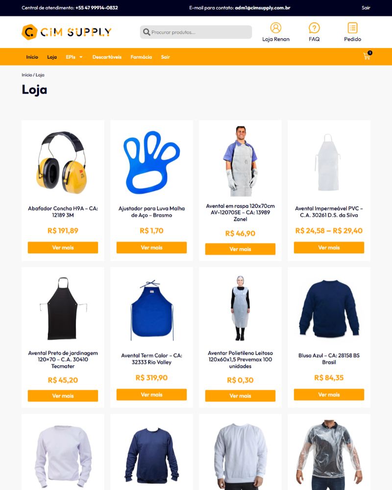 Tela da loja do Portal B2B da CIM Supply com EPIs liberados para a empresa cliente